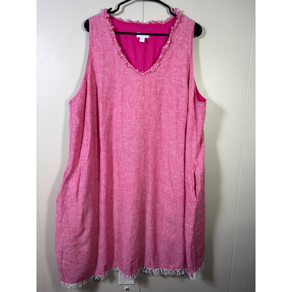 Susan Graver Pink Linen Blend Frayed V-Neck Shift Dress Pockets 3XL Lagenlook